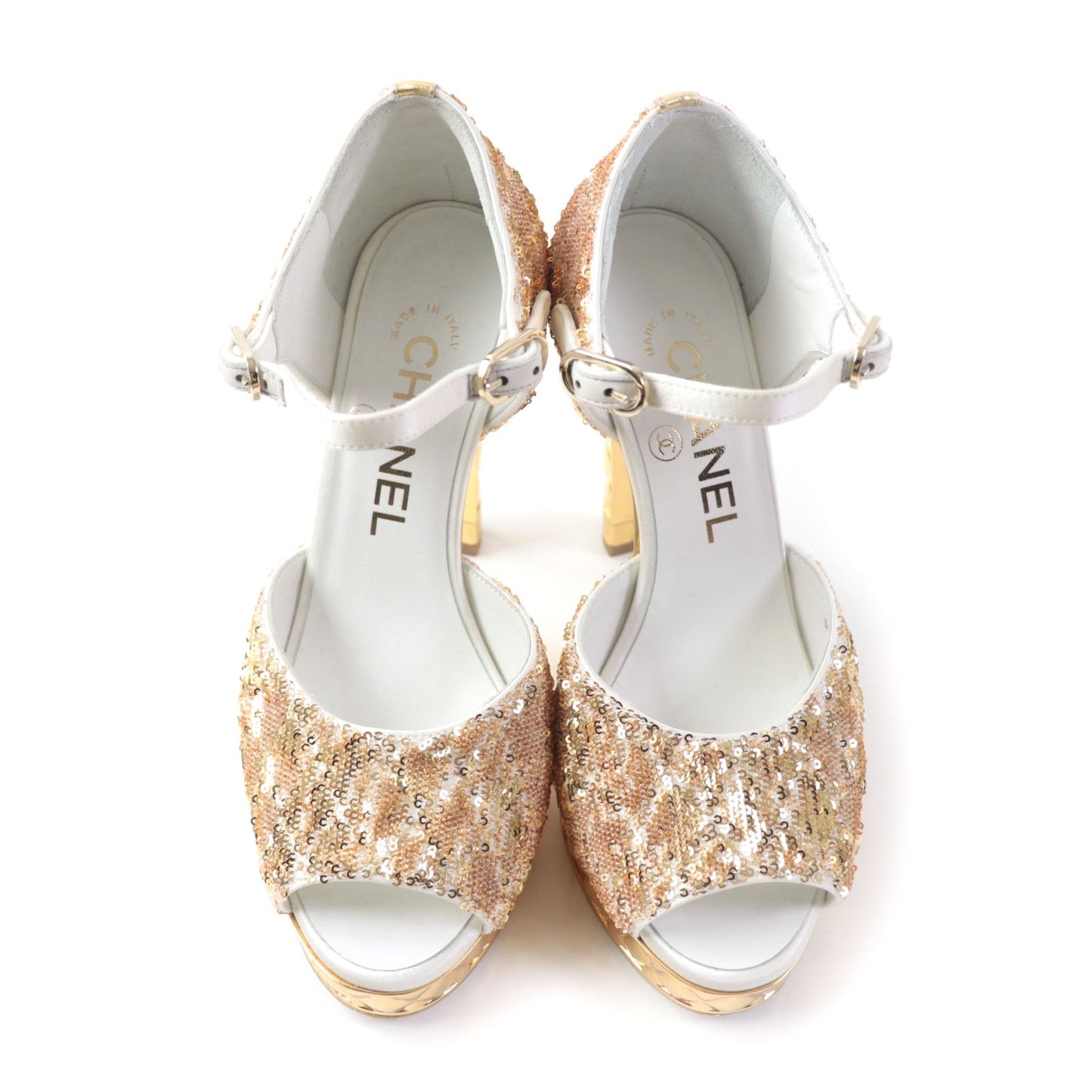 Chanel Sandals 21A G37590 Material Unknown Gold Open Toe Sequin Sandals Angle Strap Women 35 C