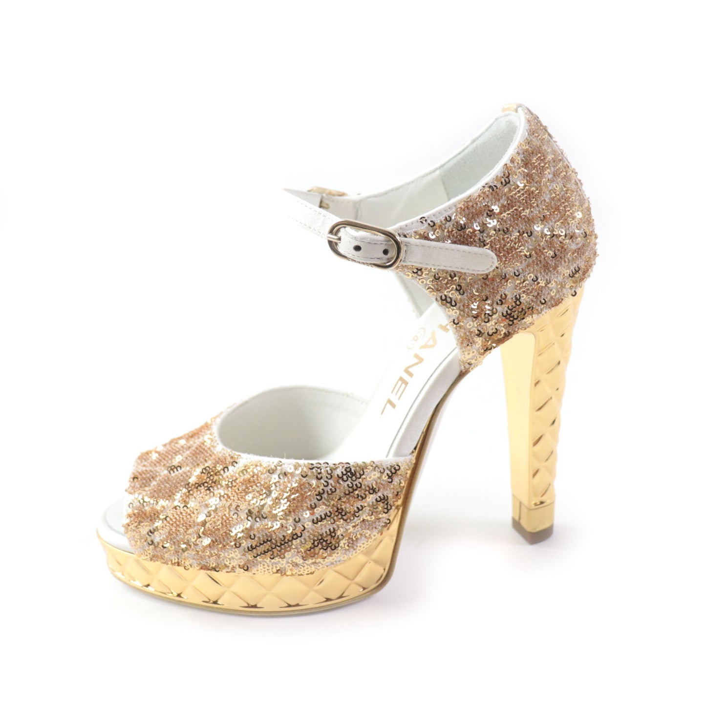 Chanel Sandals 21A G37590 Material Unknown Gold Open Toe Sequin Sandals Angle Strap Women 35 C