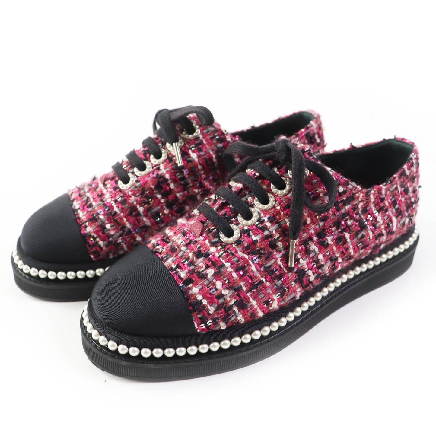 Chanel Low Cut Sneakers G32357 Tweed Pink Black Women 35