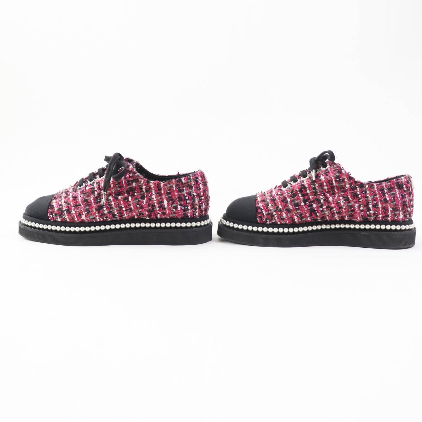Chanel Low Cut Sneakers G32357 Tweed Pink Black Women 35