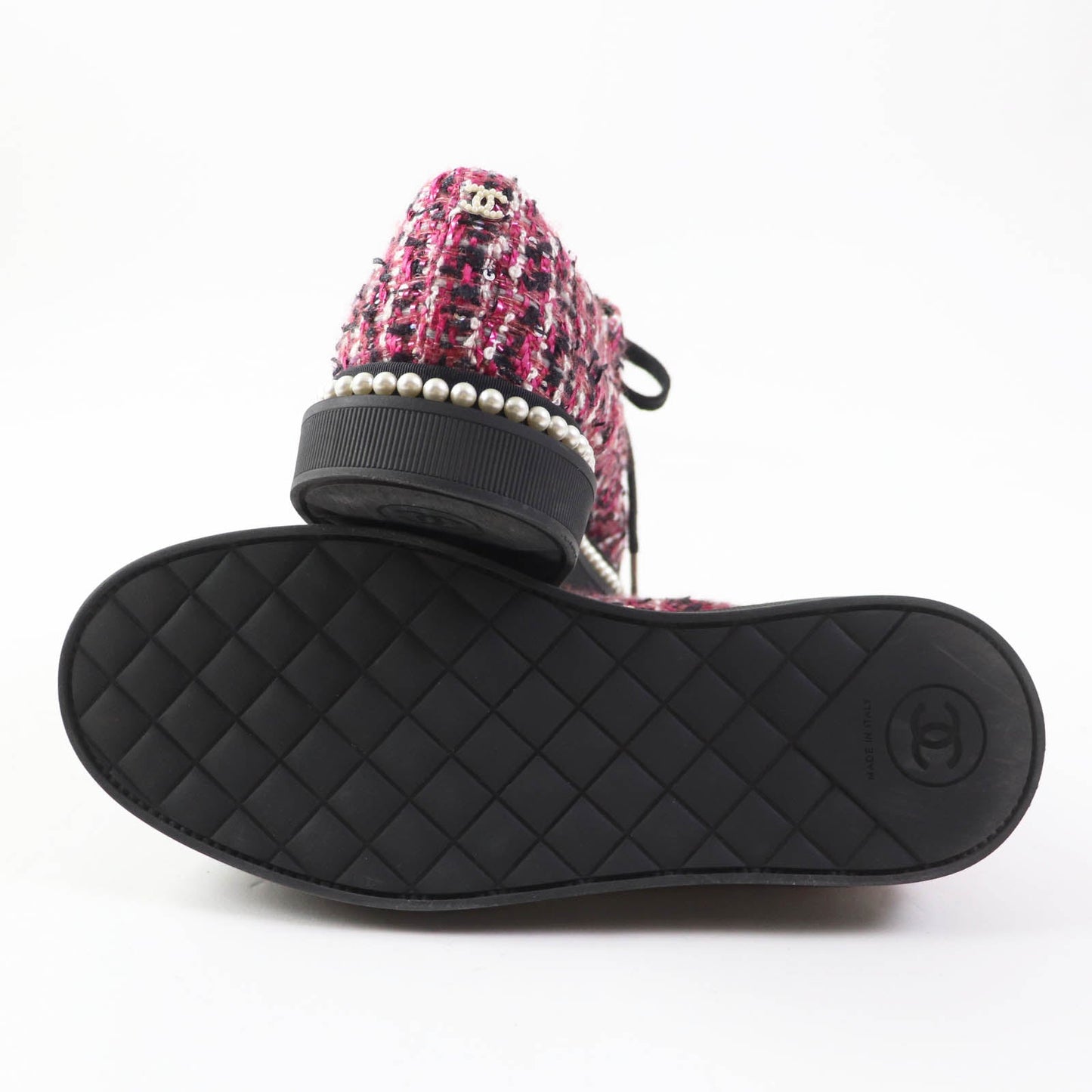 Chanel Low Cut Sneakers G32357 Tweed Pink Black Women 35