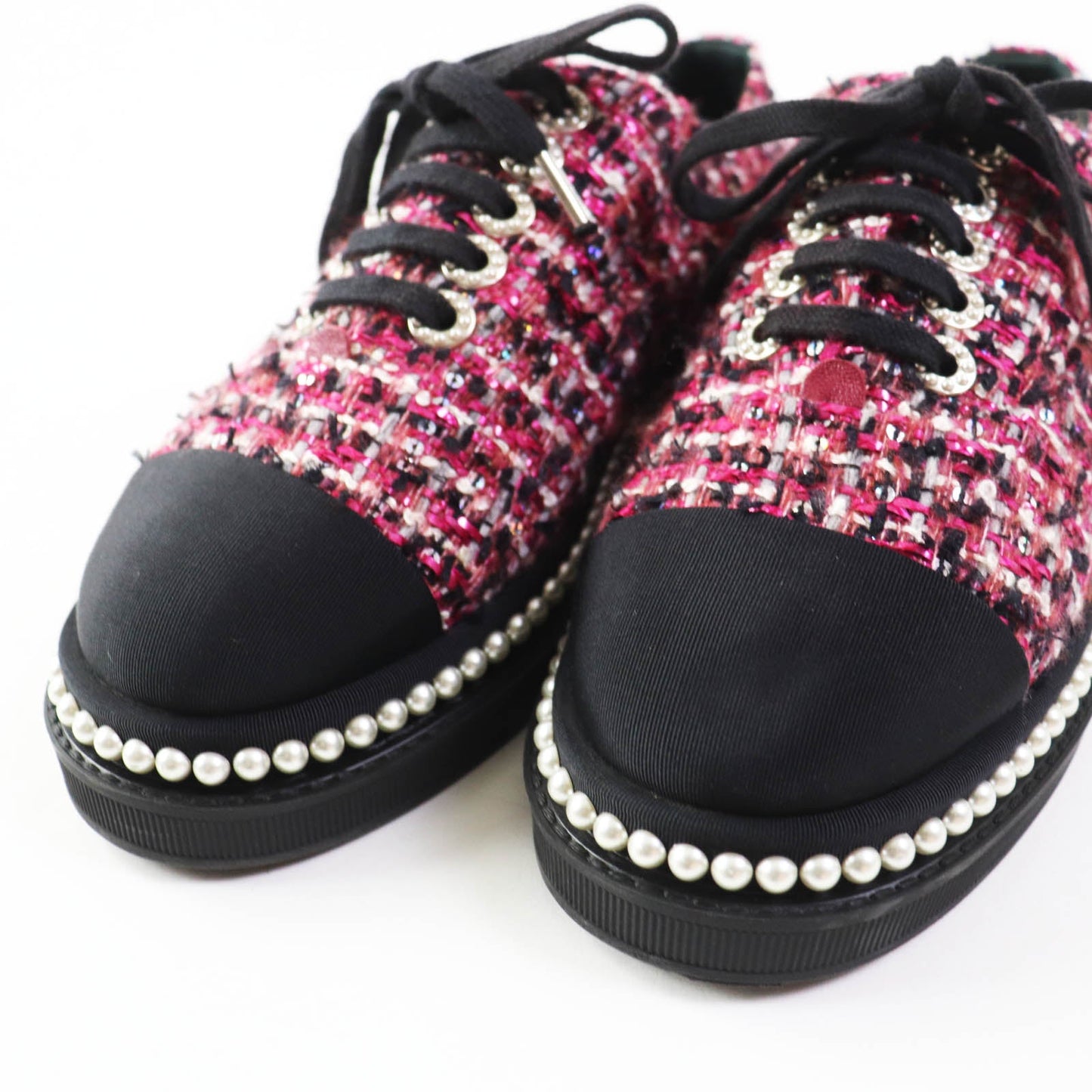Chanel Low Cut Sneakers G32357 Tweed Pink Black Women 35