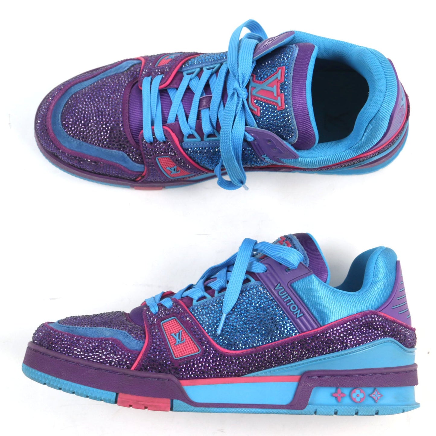 Louis Vuitton Sneakers 1A9Jwj Suede, Fabric, Rhinestone Blue Purple Lv Trainer Line Mens 8
