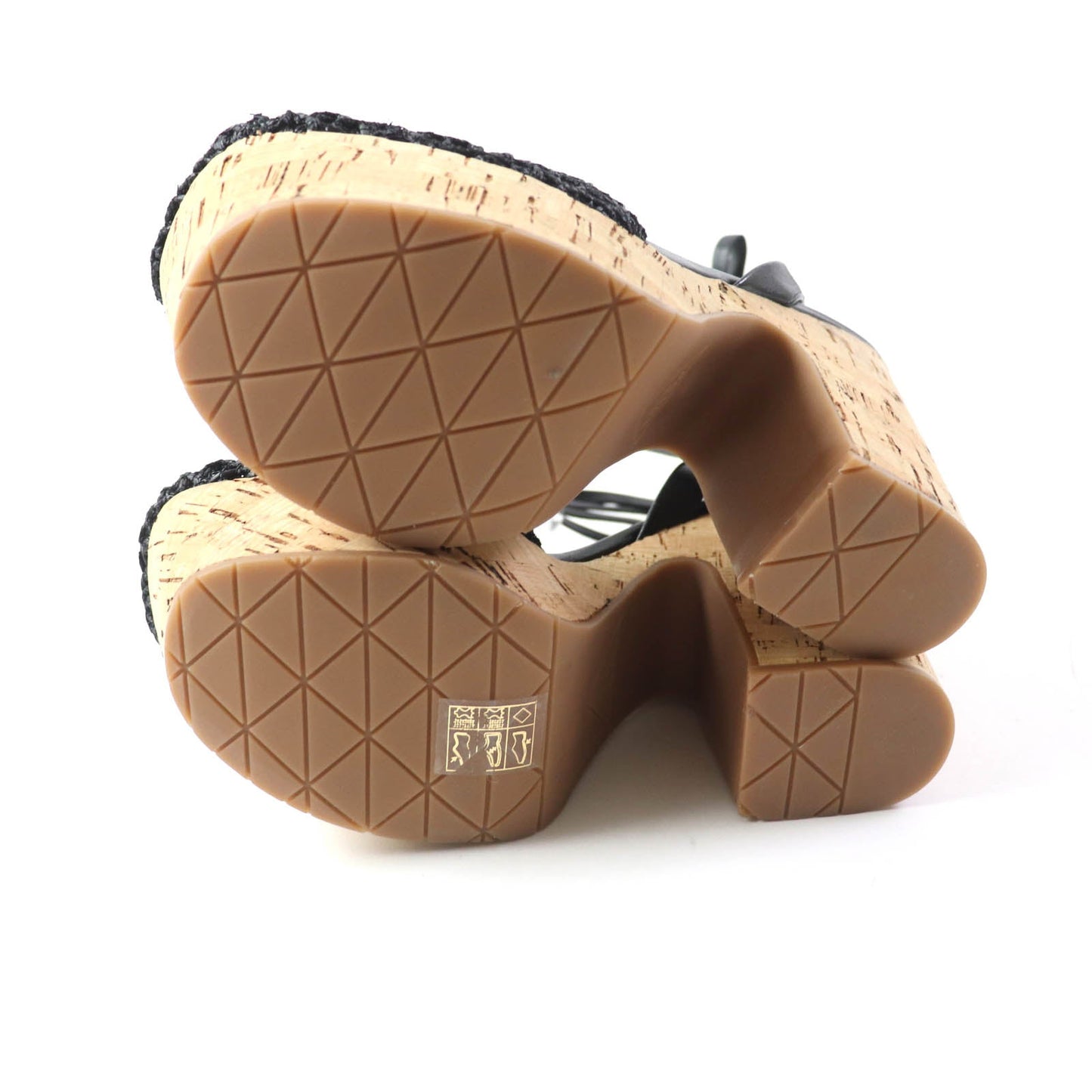 Prada Sandals 1Xz753 Fabric, Leather Black Ruffia Sandals/Wedge Sandals Triangle Logo Lace-Up