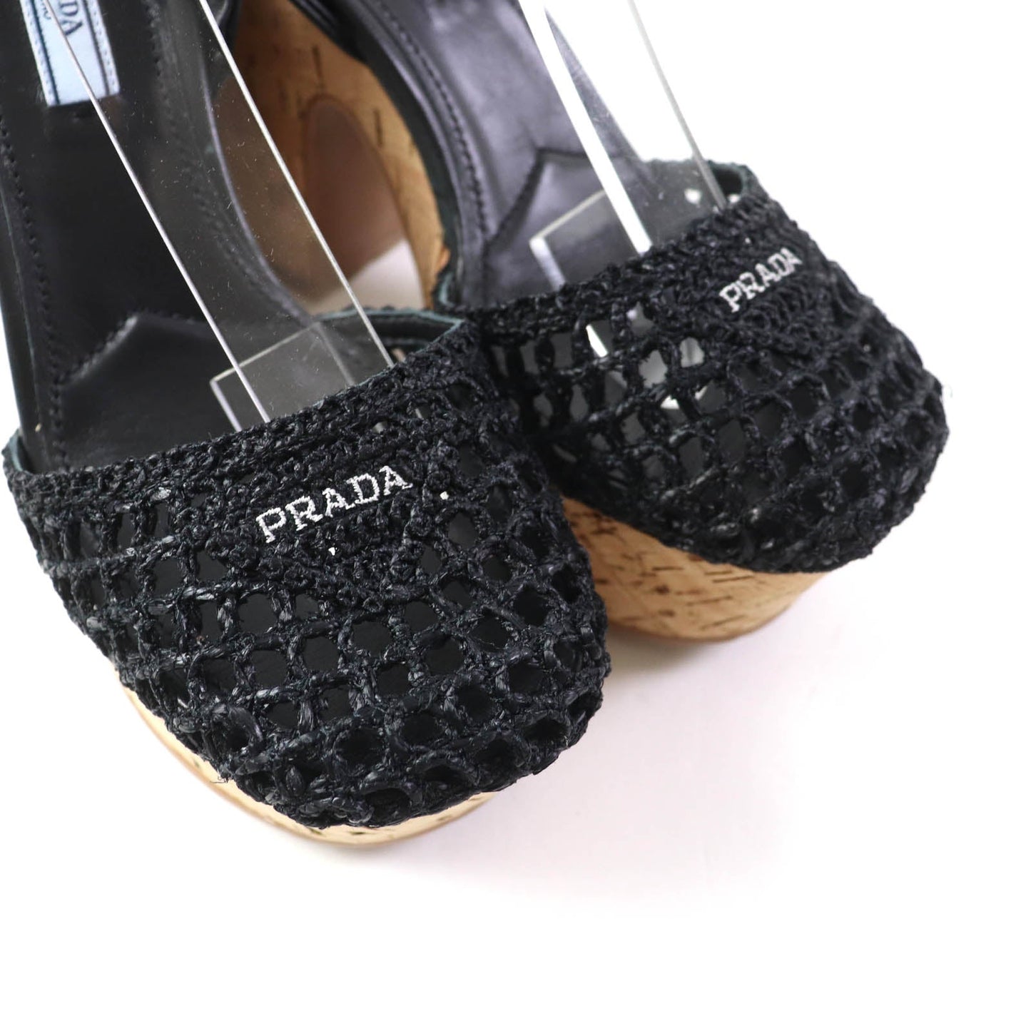 Prada Sandals 1Xz753 Fabric, Leather Black Ruffia Sandals/Wedge Sandals Triangle Logo Lace-Up