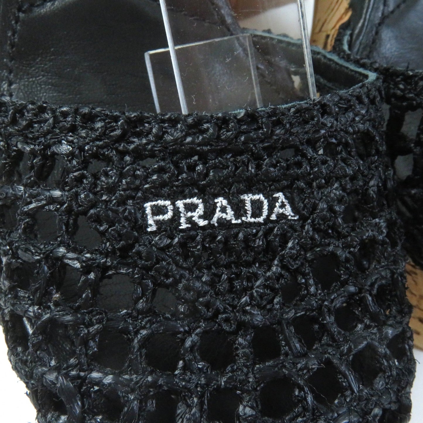 Prada Sandals 1Xz753 Fabric, Leather Black Ruffia Sandals/Wedge Sandals Triangle Logo Lace-Up