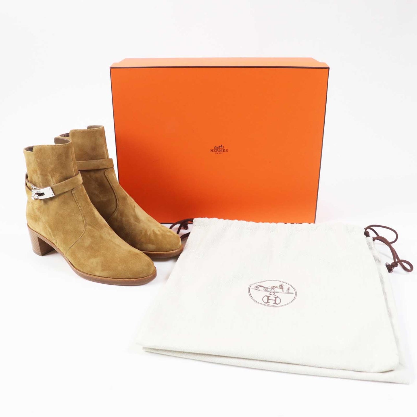 Hermes Short Boots Veau Velour (Suede Leather) Brown Beige Frenchie 50 Women 35 1/2