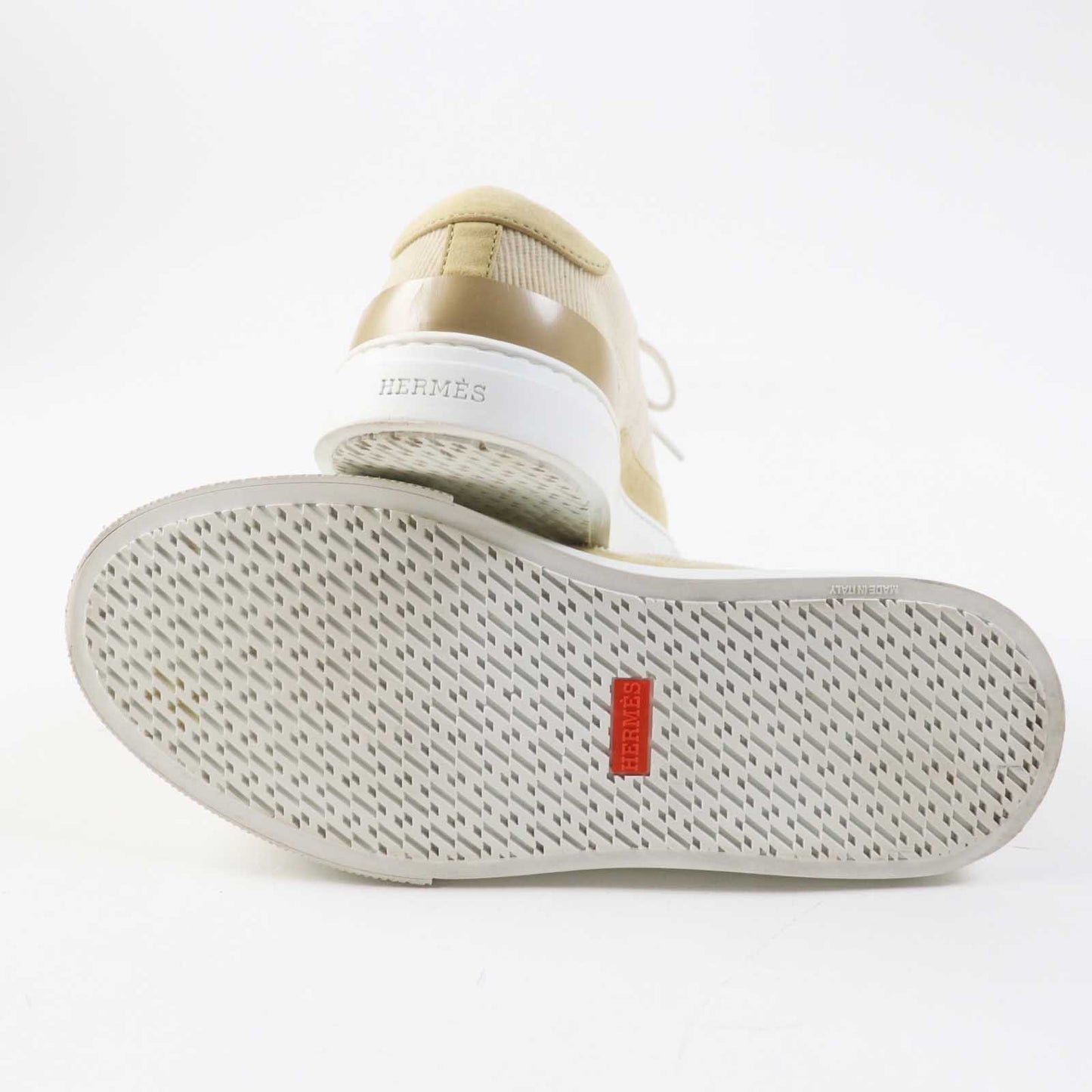 Hermes Sneakers 222189Z Suede Leather, Rubber, Corduroy Beige White Deep Women 38 1/2