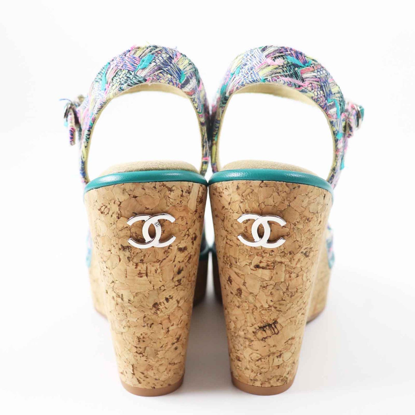 Chanel Sandals G39812 Tweed, Leather, Cork Multi Wedge Sole Women 37 1/2 C