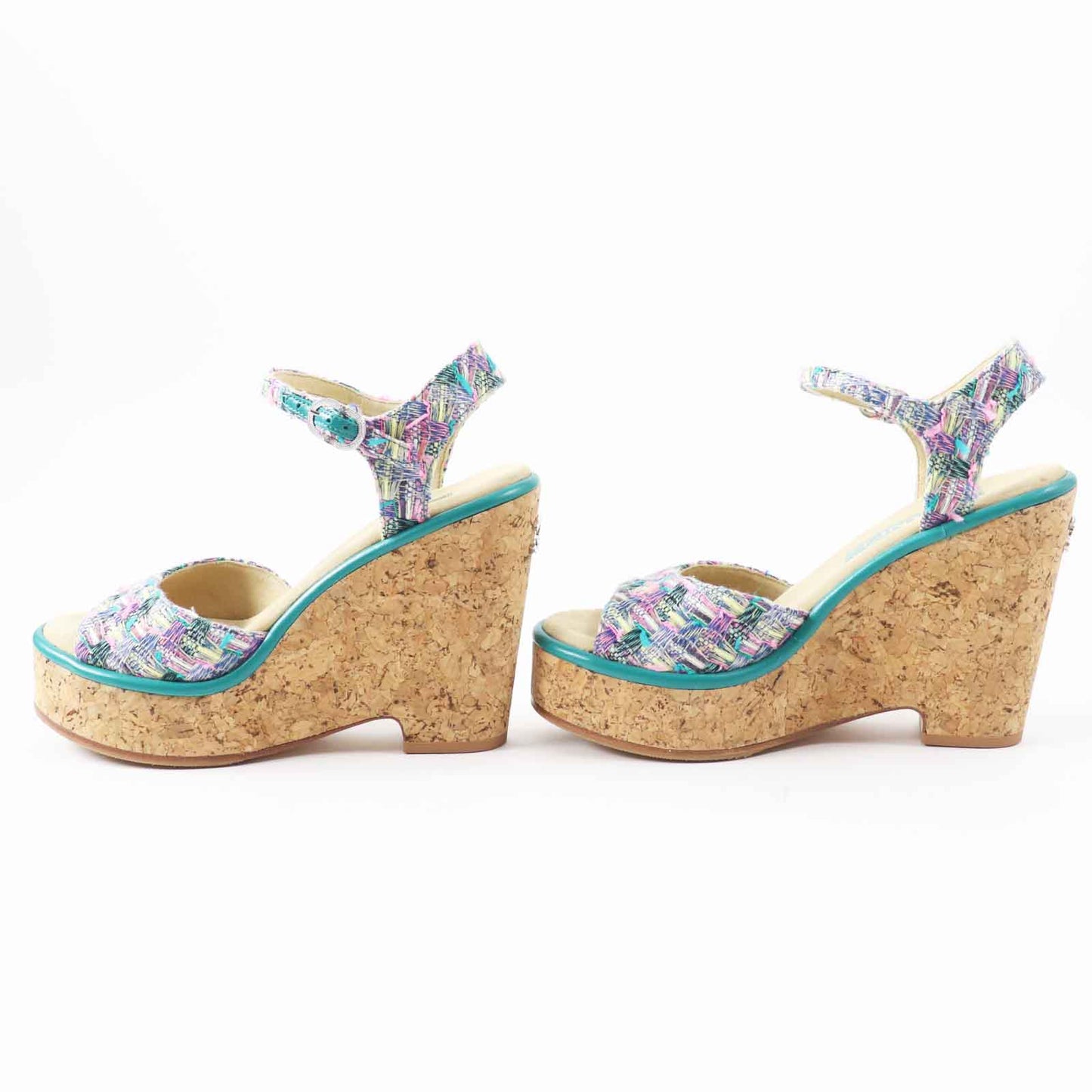 Chanel Sandals G39812 Tweed, Leather, Cork Multi Wedge Sole Women 37 1/2 C