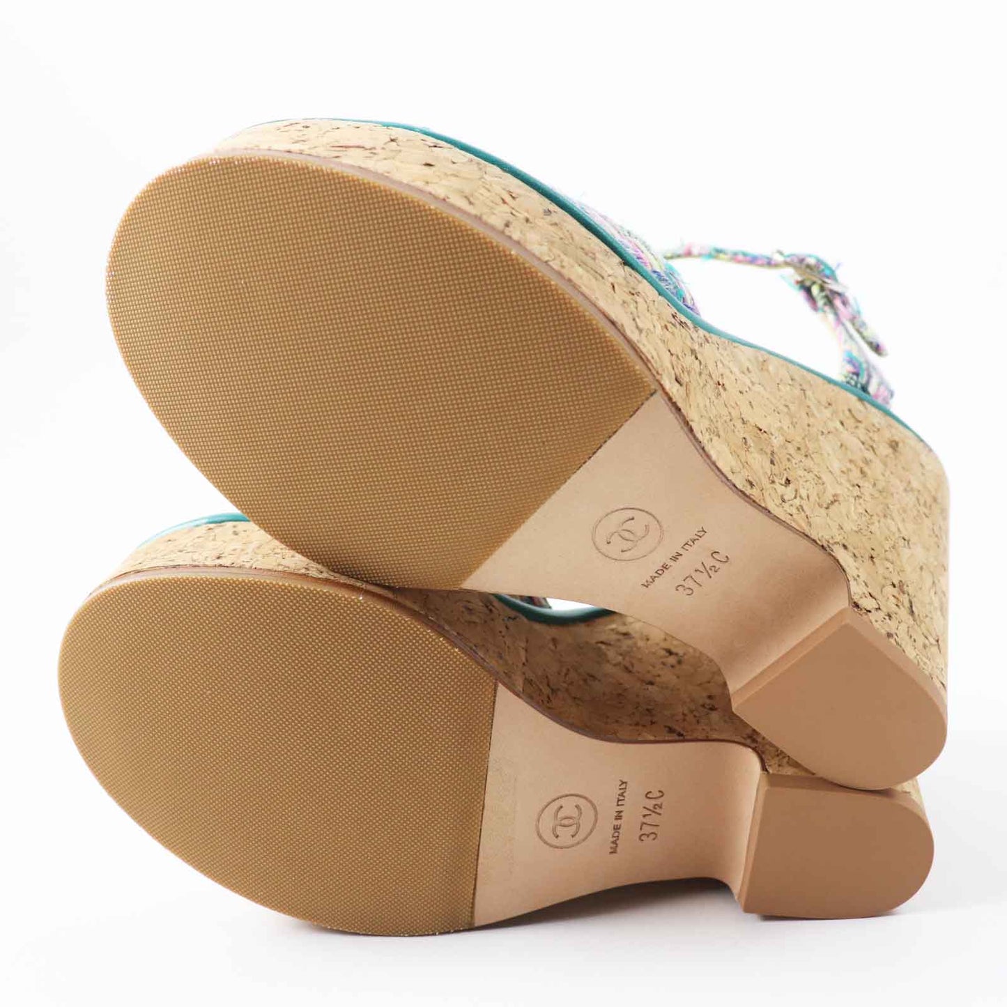 Chanel Sandals G39812 Tweed, Leather, Cork Multi Wedge Sole Women 37 1/2 C