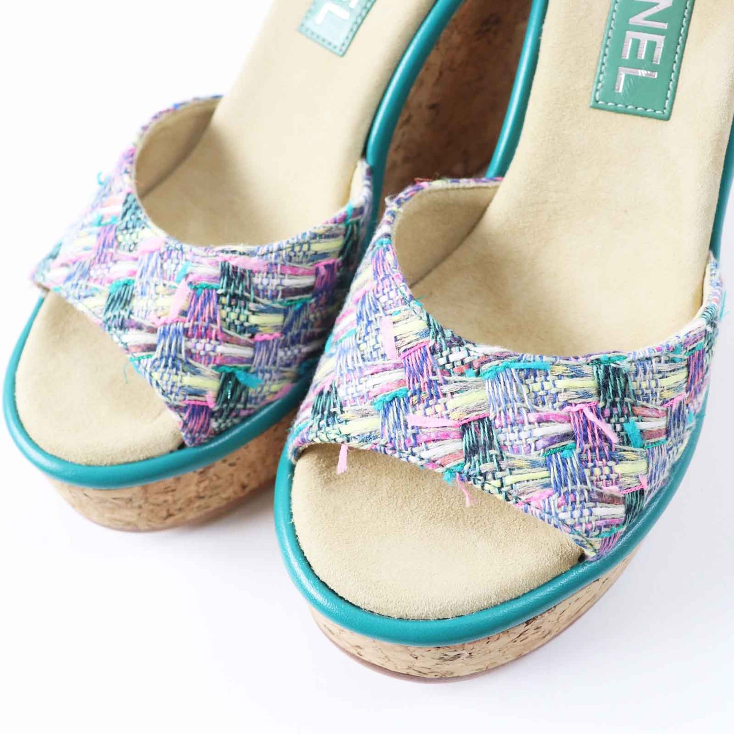 Chanel Sandals G39812 Tweed, Leather, Cork Multi Wedge Sole Women 37 1/2 C