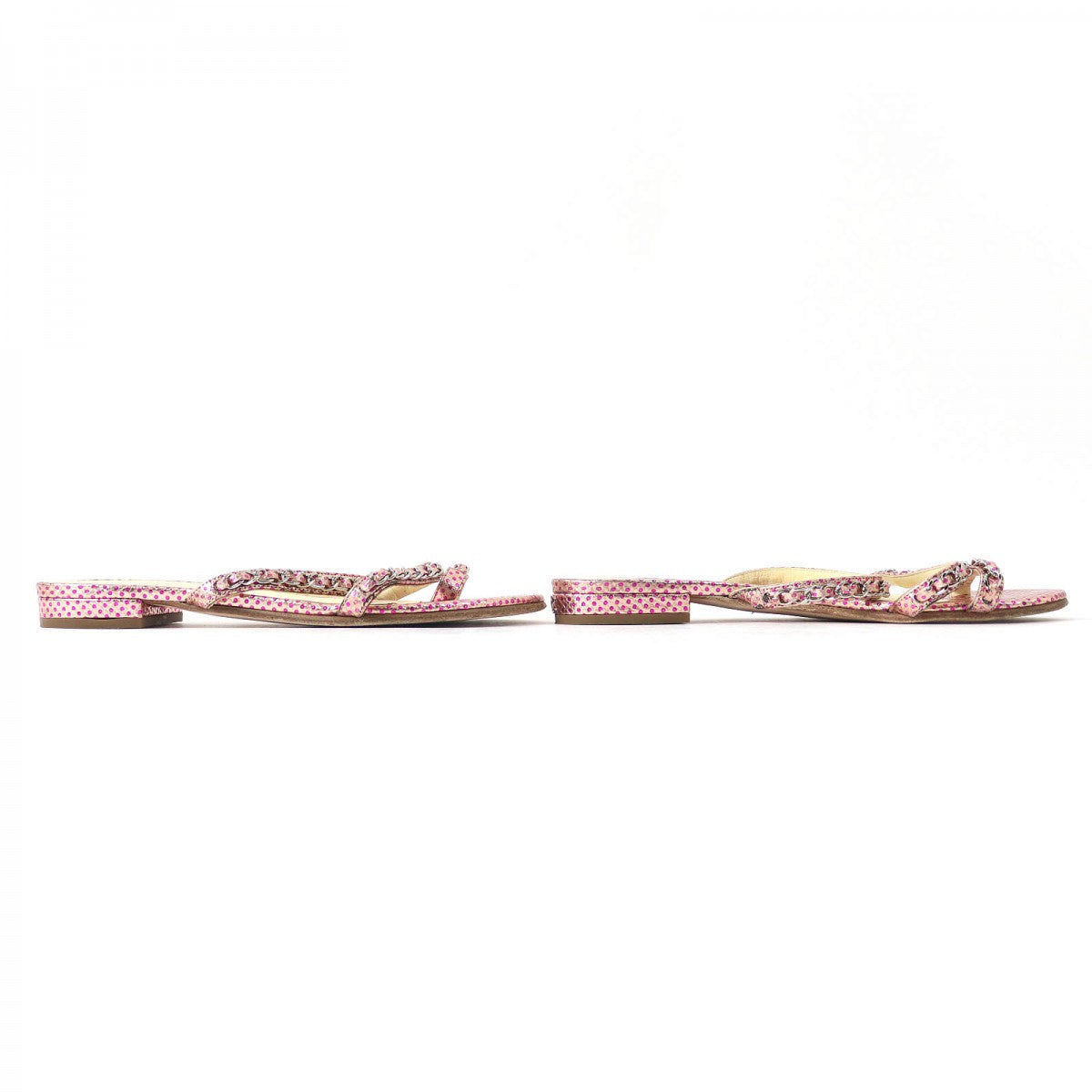 Chanel Mule Leather Pink Type Coco Markmetal Flat Sandals With Dot Pattern Chain Women 35 1/2