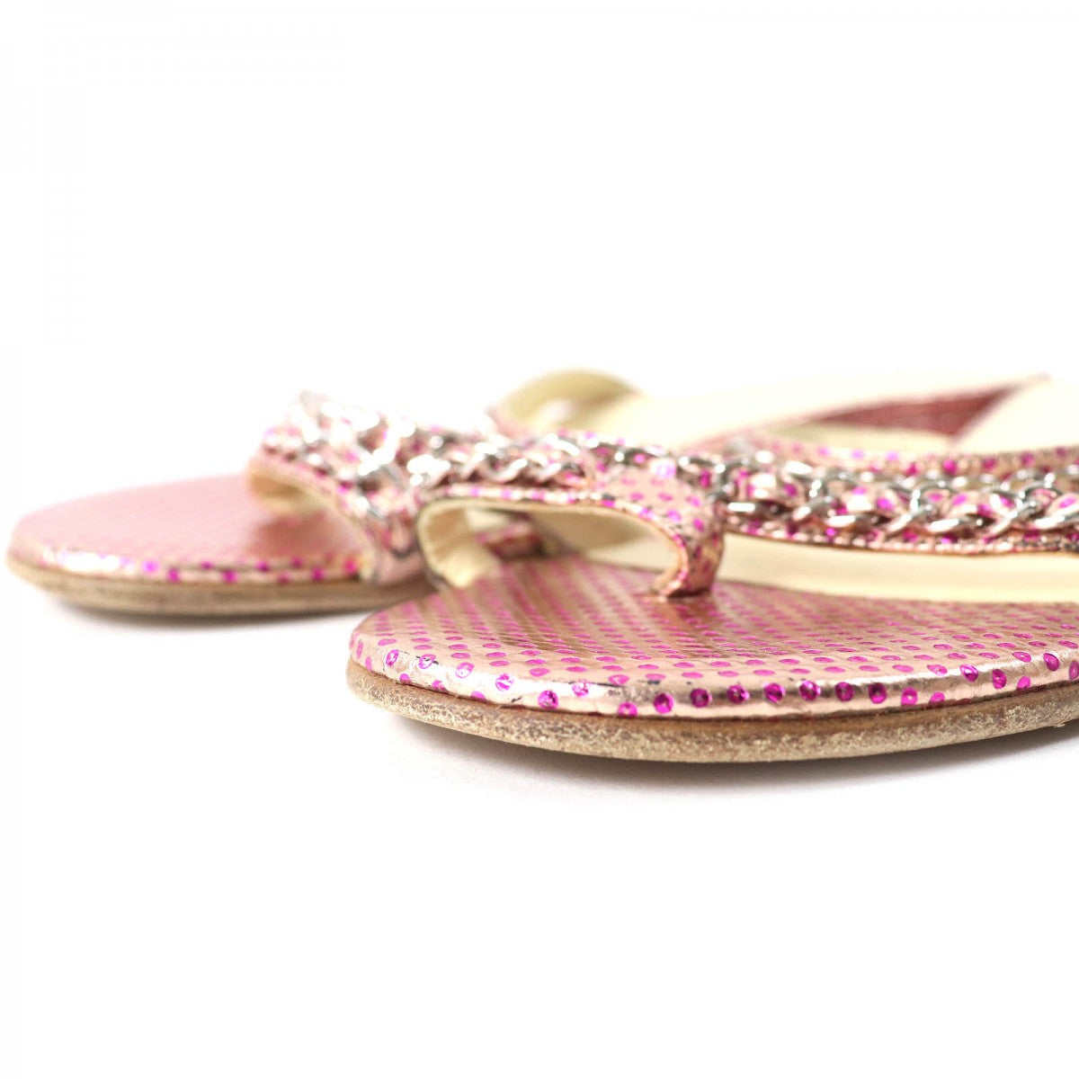 Chanel Mule Leather Pink Type Coco Markmetal Flat Sandals With Dot Pattern Chain Women 35 1/2