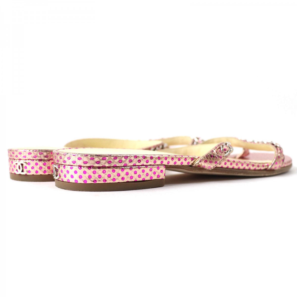 Chanel Mule Leather Pink Type Coco Markmetal Flat Sandals With Dot Pattern Chain Women 35 1/2