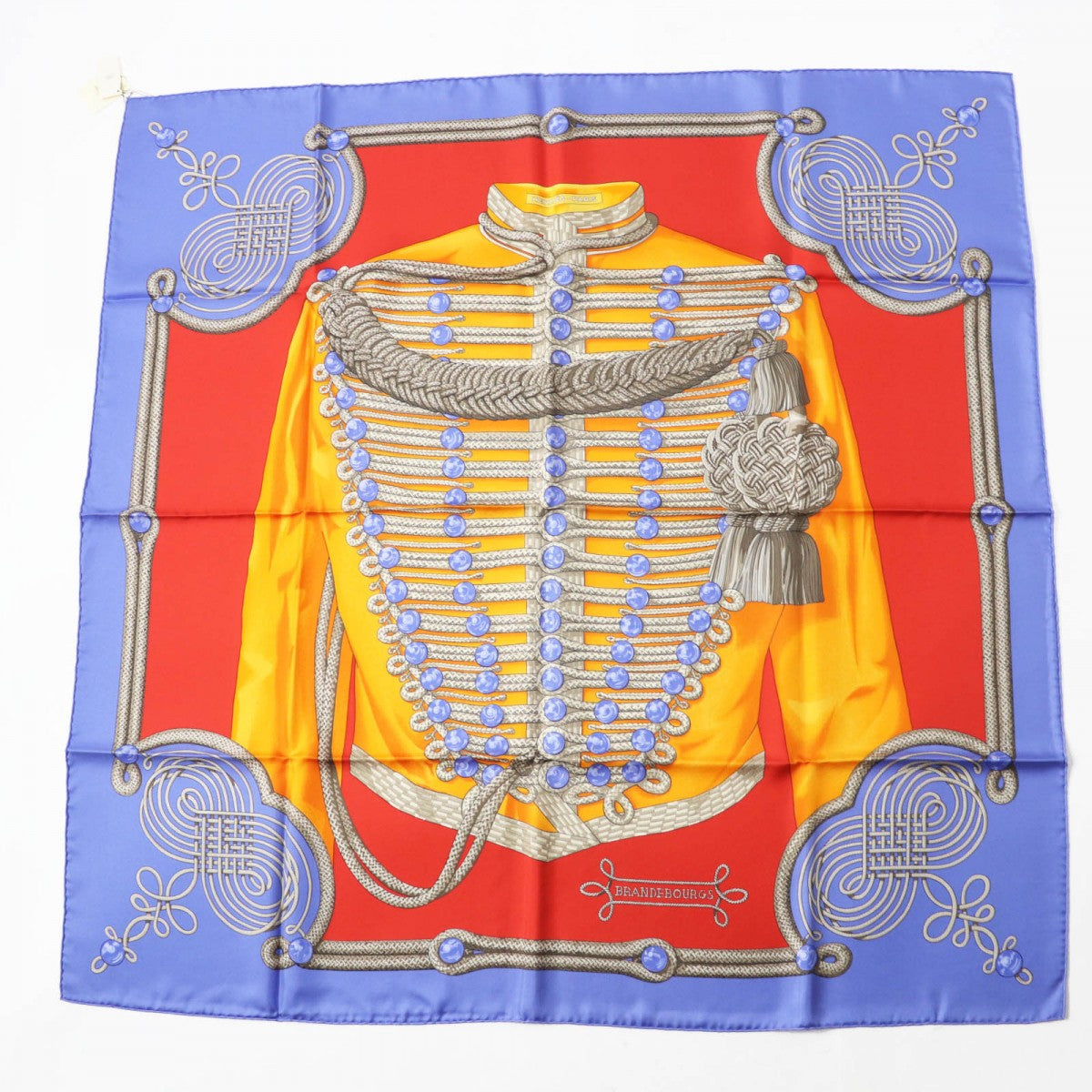 Hermes Scarf Silk Bl-Lavande F?Rouge Carre90 Galons Et Brandebourgs
