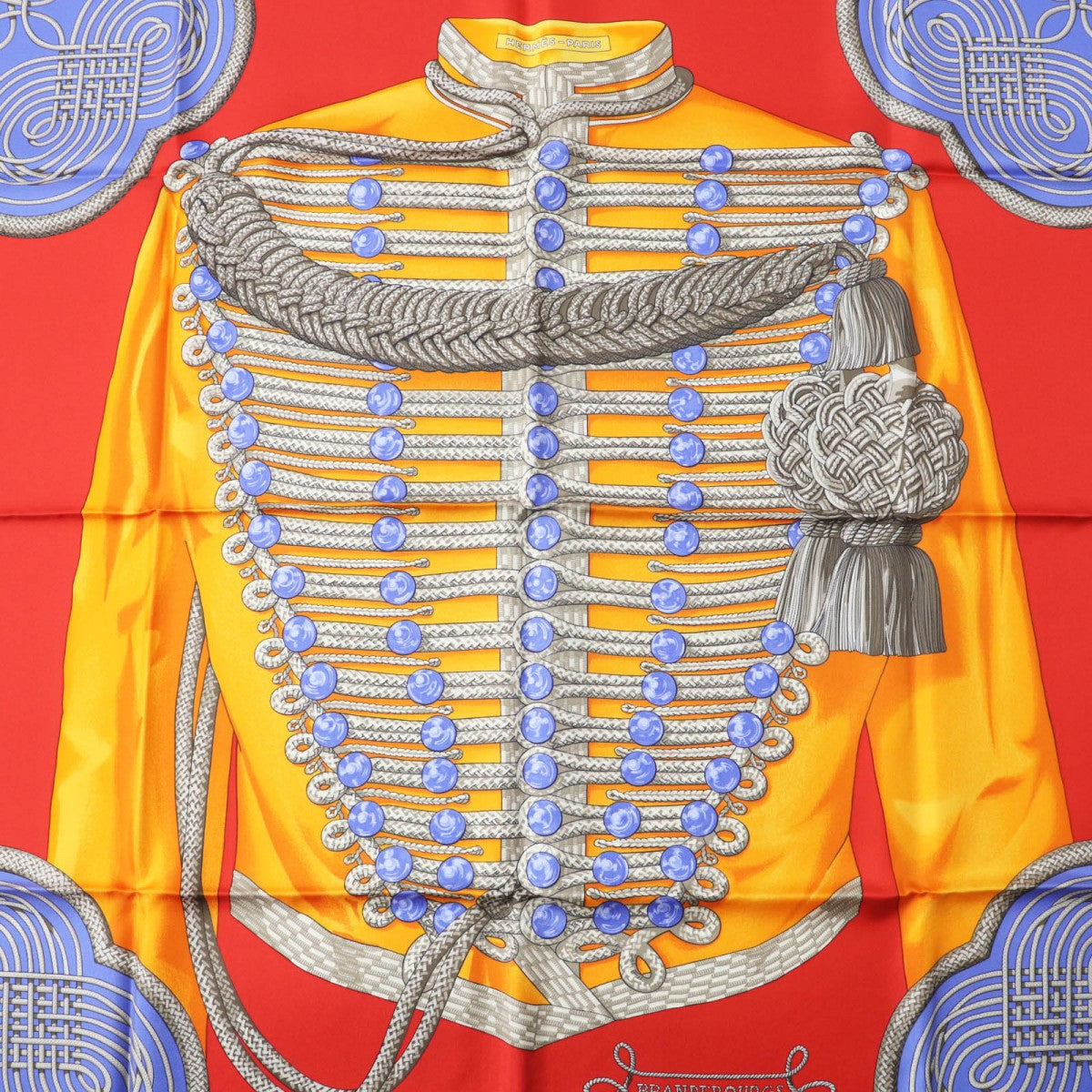 Hermes Scarf Silk Bl-Lavande F?Rouge Carre90 Galons Et Brandebourgs