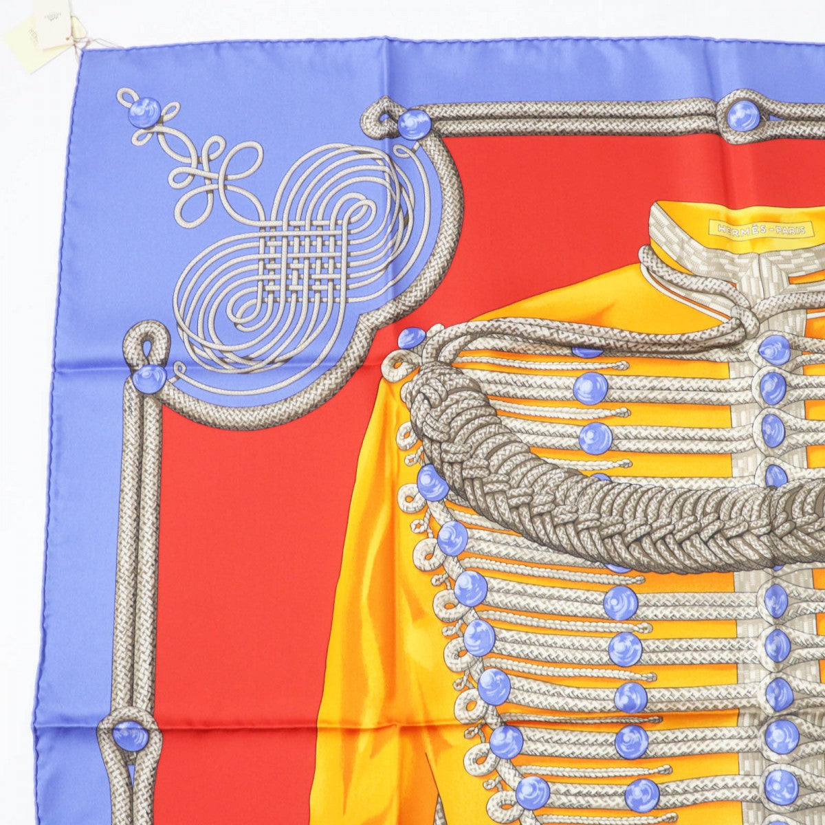 Hermes Scarf Silk Bl-Lavande F?Rouge Carre90 Galons Et Brandebourgs