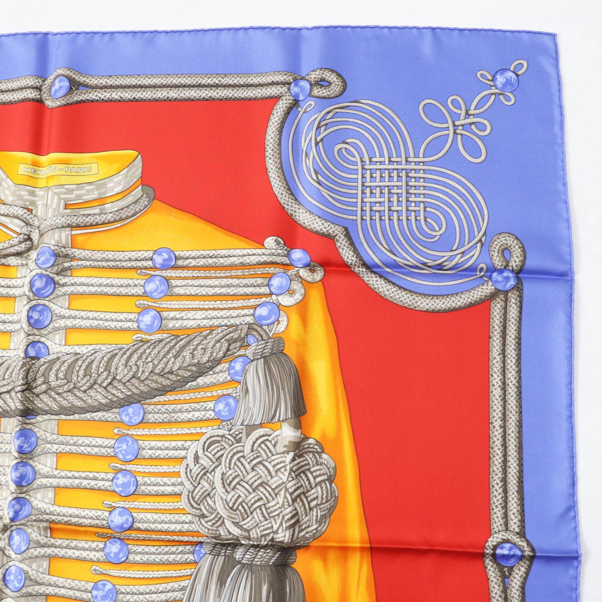 Hermes Scarf Silk Bl-Lavande F?Rouge Carre90 Galons Et Brandebourgs