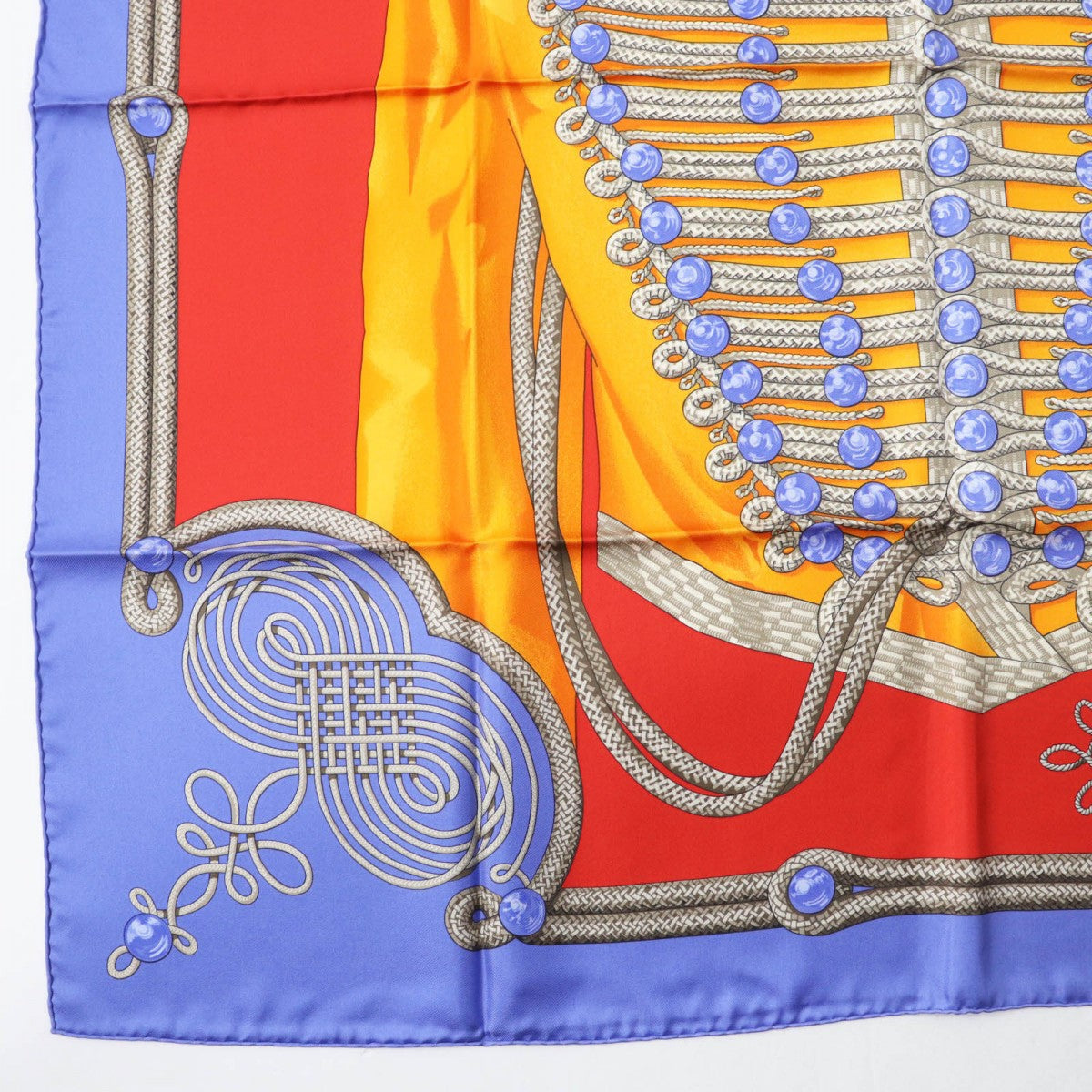 Hermes Scarf Silk Bl-Lavande F?Rouge Carre90 Galons Et Brandebourgs