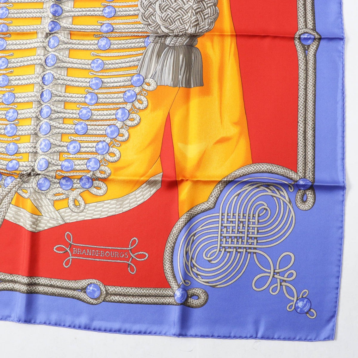 Hermes Scarf Silk Bl-Lavande F?Rouge Carre90 Galons Et Brandebourgs
