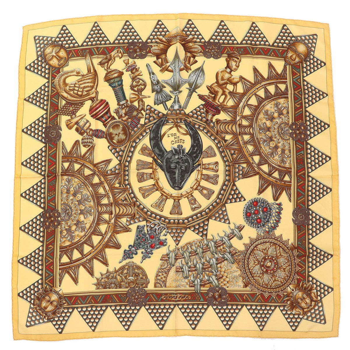 Hermes Scarf Silk Yellow Brown Type L'Or Des Chefs