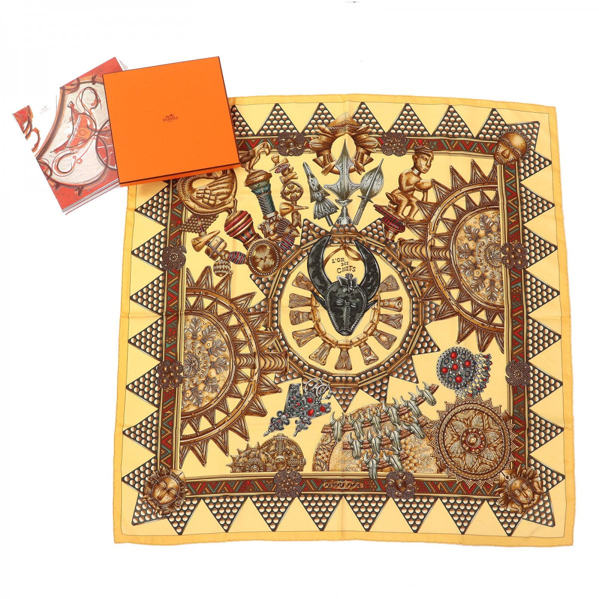 Hermes Scarf Silk Yellow Brown Type L'Or Des Chefs