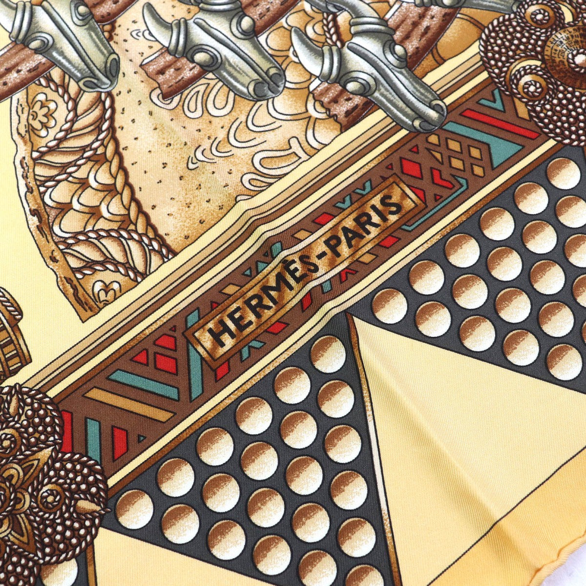 Hermes Scarf Silk Yellow Brown Type L'Or Des Chefs