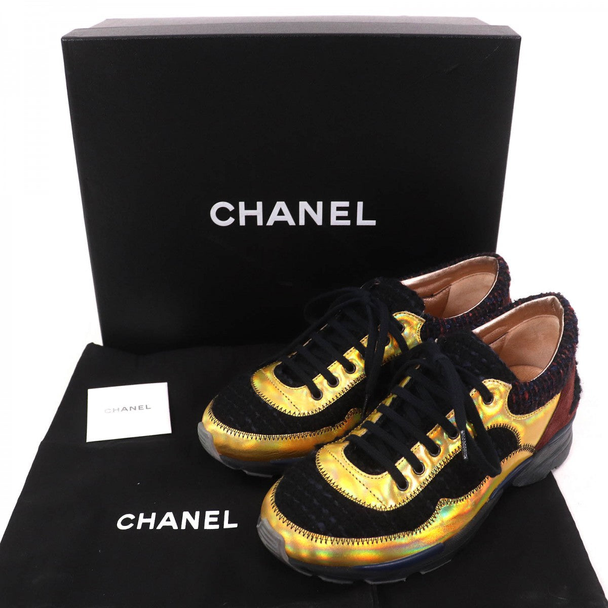 Chanel Sneakers G30422 Suede Leather Metallic Yellow Black Brown 35