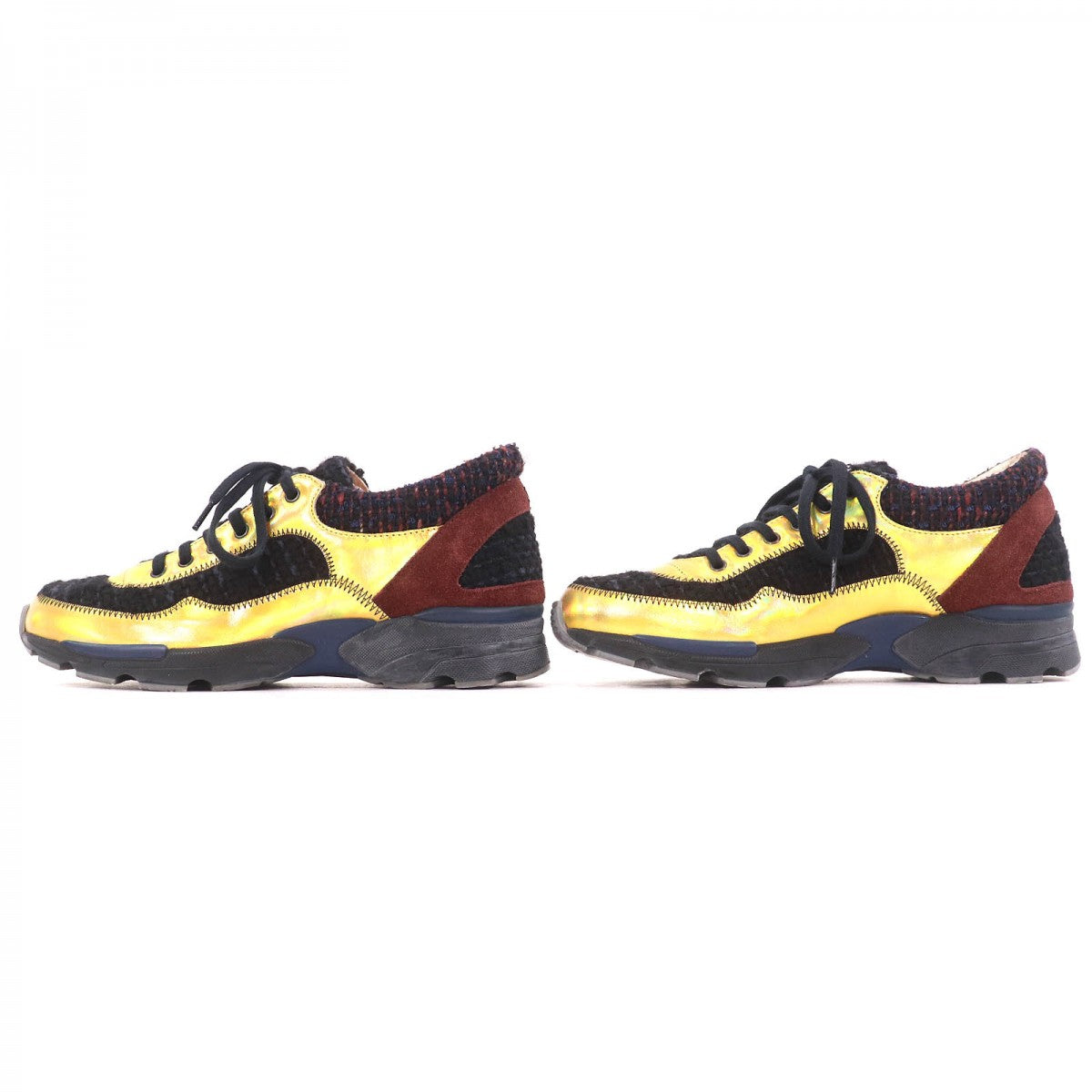 Chanel Sneakers G30422 Suede Leather Metallic Yellow Black Brown 35