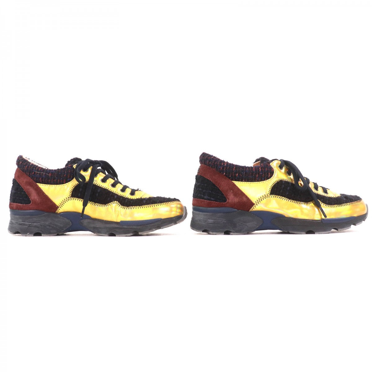 Chanel Sneakers G30422 Suede Leather Metallic Yellow Black Brown 35