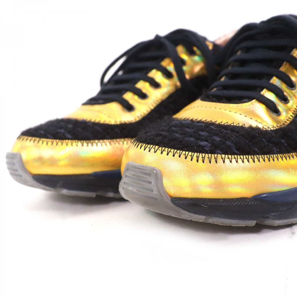 Chanel Sneakers G30422 Suede Leather Metallic Yellow Black Brown 35