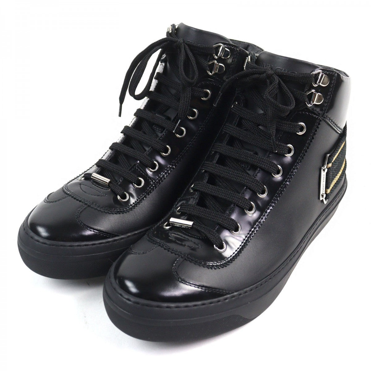 Jimmy Choo High Cut Sneakers Leather Black Type Argyle Strap Trainer 41