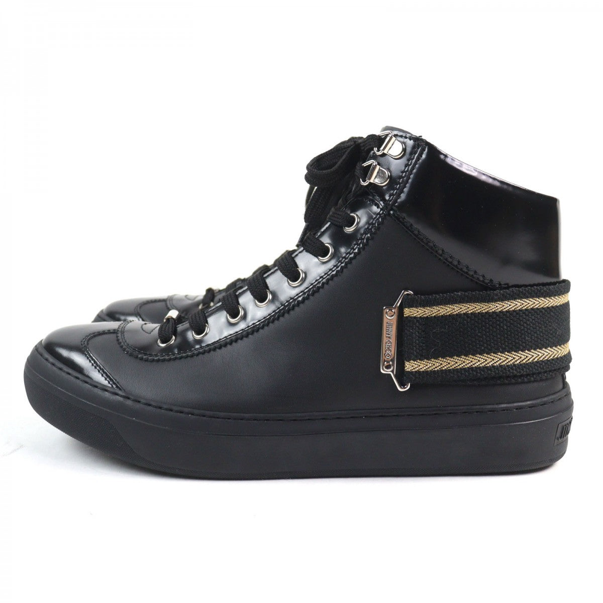 Jimmy Choo High Cut Sneakers Leather Black Type Argyle Strap Trainer 41