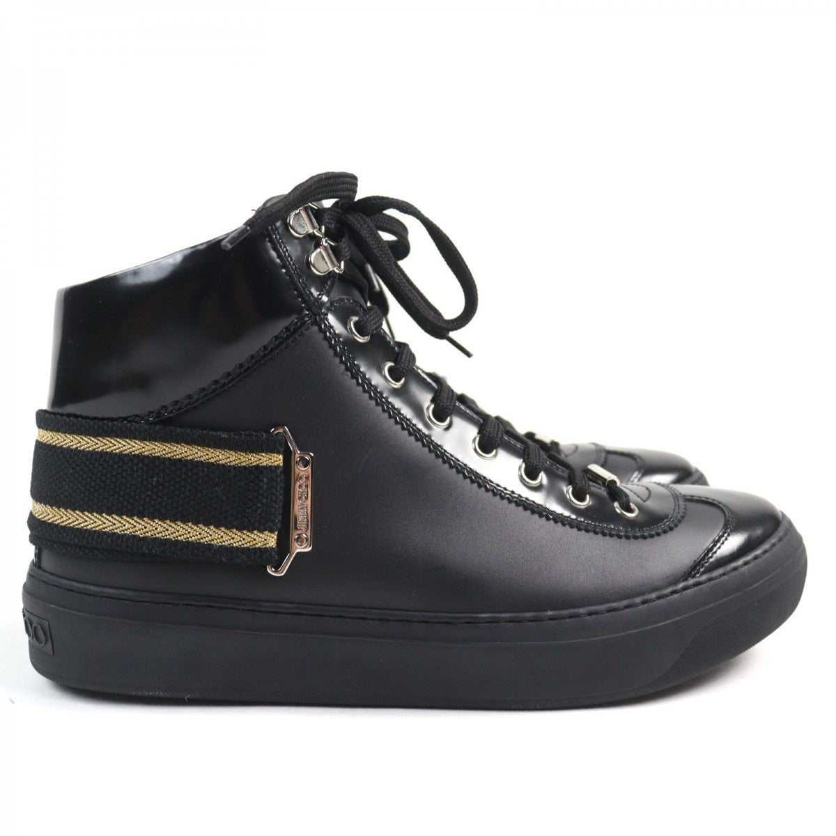 Jimmy Choo High Cut Sneakers Leather Black Type Argyle Strap Trainer 41
