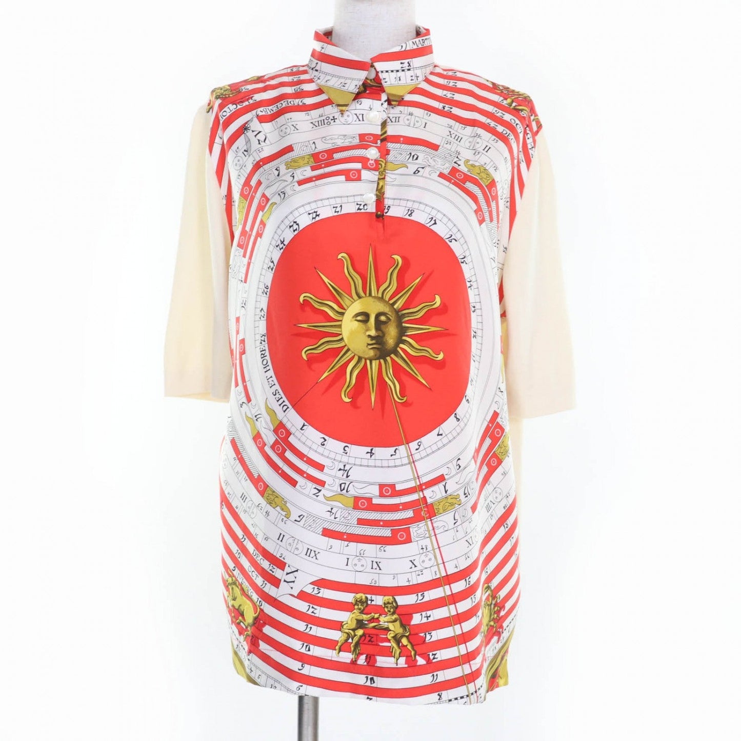 Hermes Short Sleeve Polo Shirt Silk Ivory Red Type Astrology M
