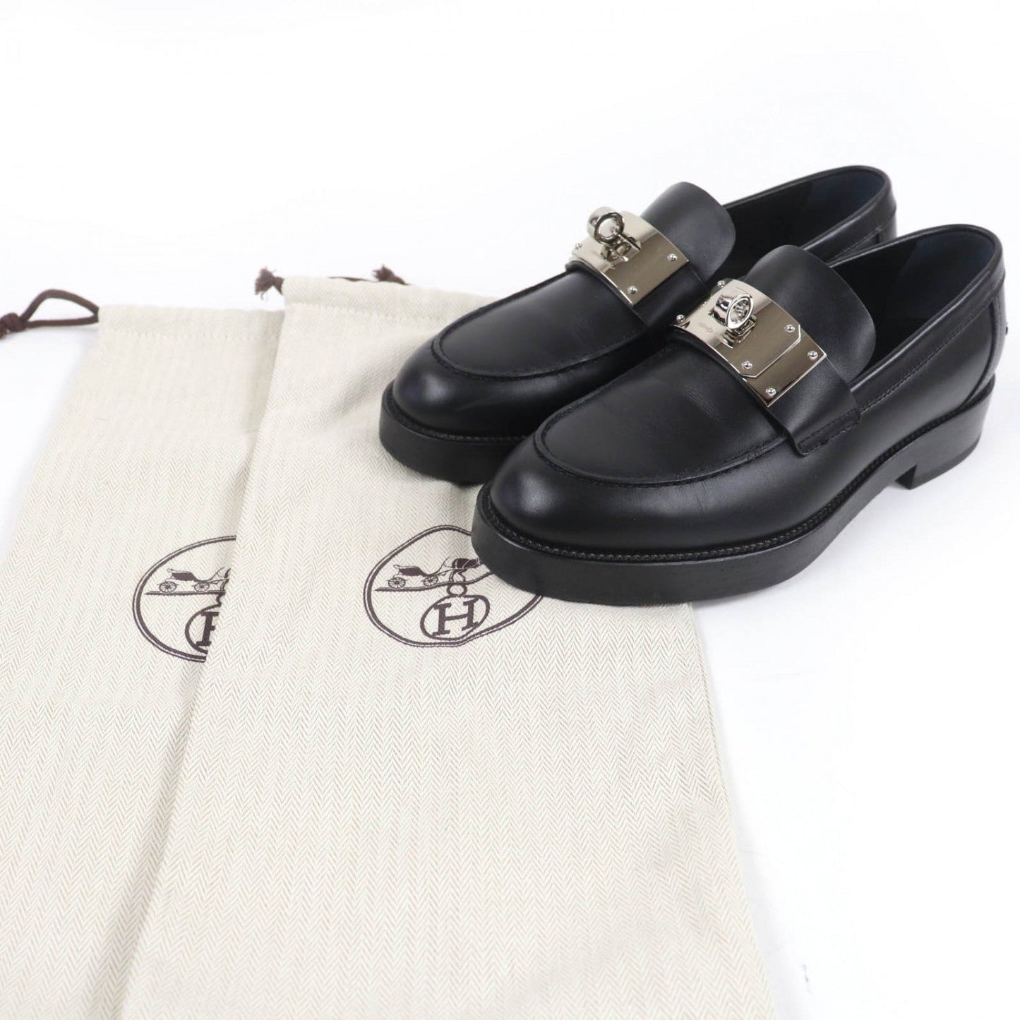 Hermes Loafers 232075Z Leather Black Moccasins Hot 37