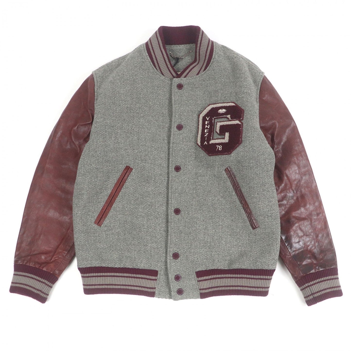 Golden Goose Bomber Jacket Gmp00834 Virgin Wool Melange Gray Wine Red 48