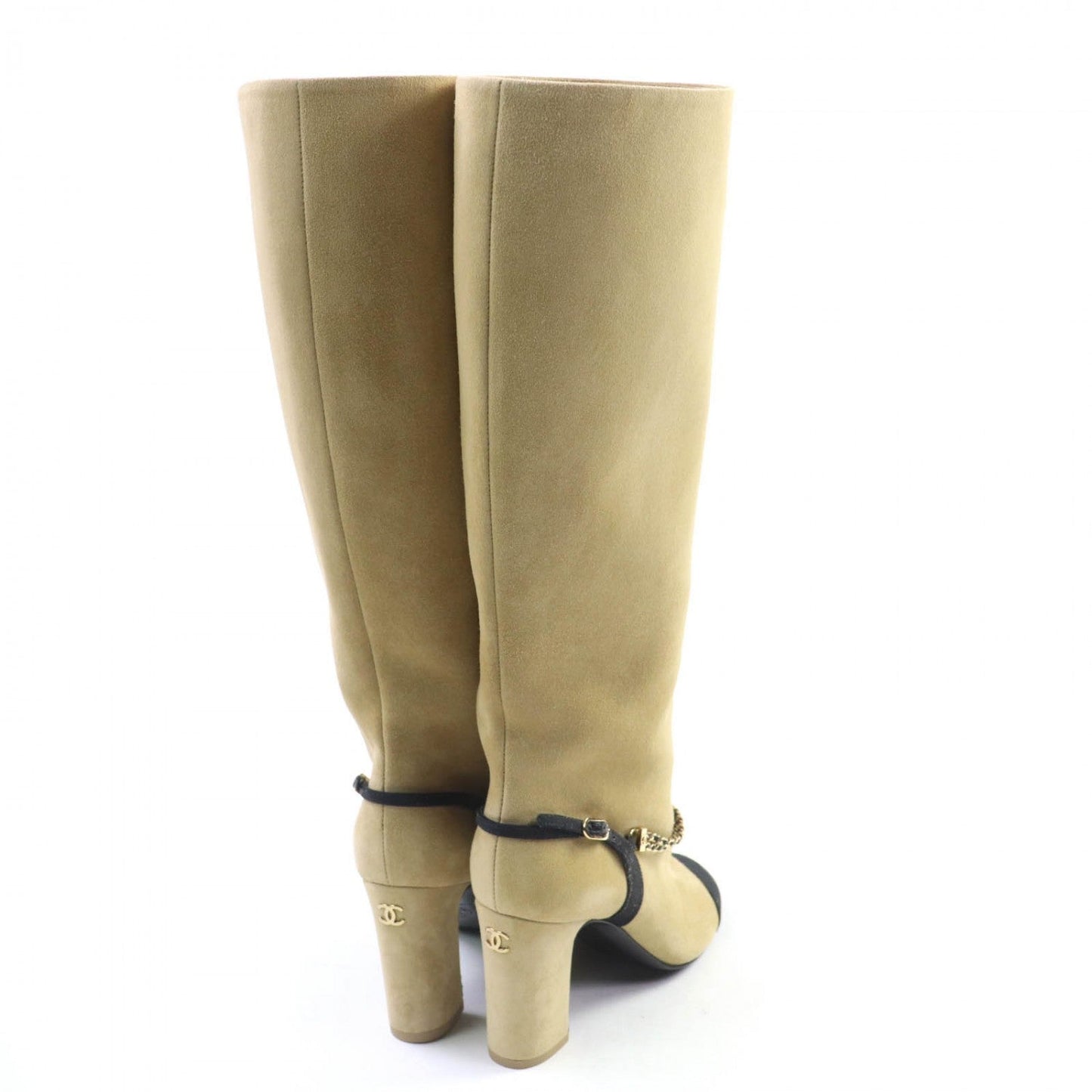 Chanel Knee-High Boots G45096 Suede Leather Beige Black 35.5