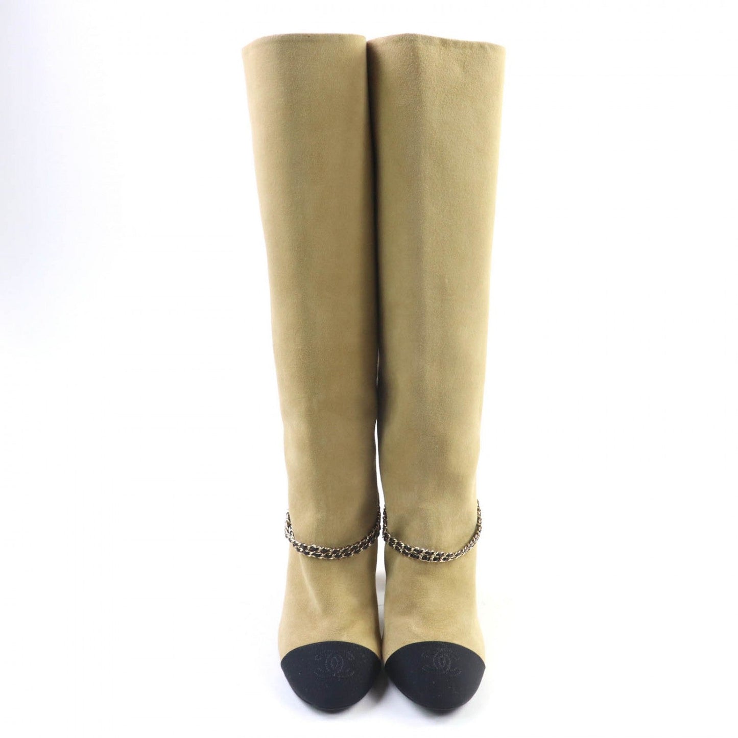 Chanel Knee-High Boots G45096 Suede Leather Beige Black 35.5