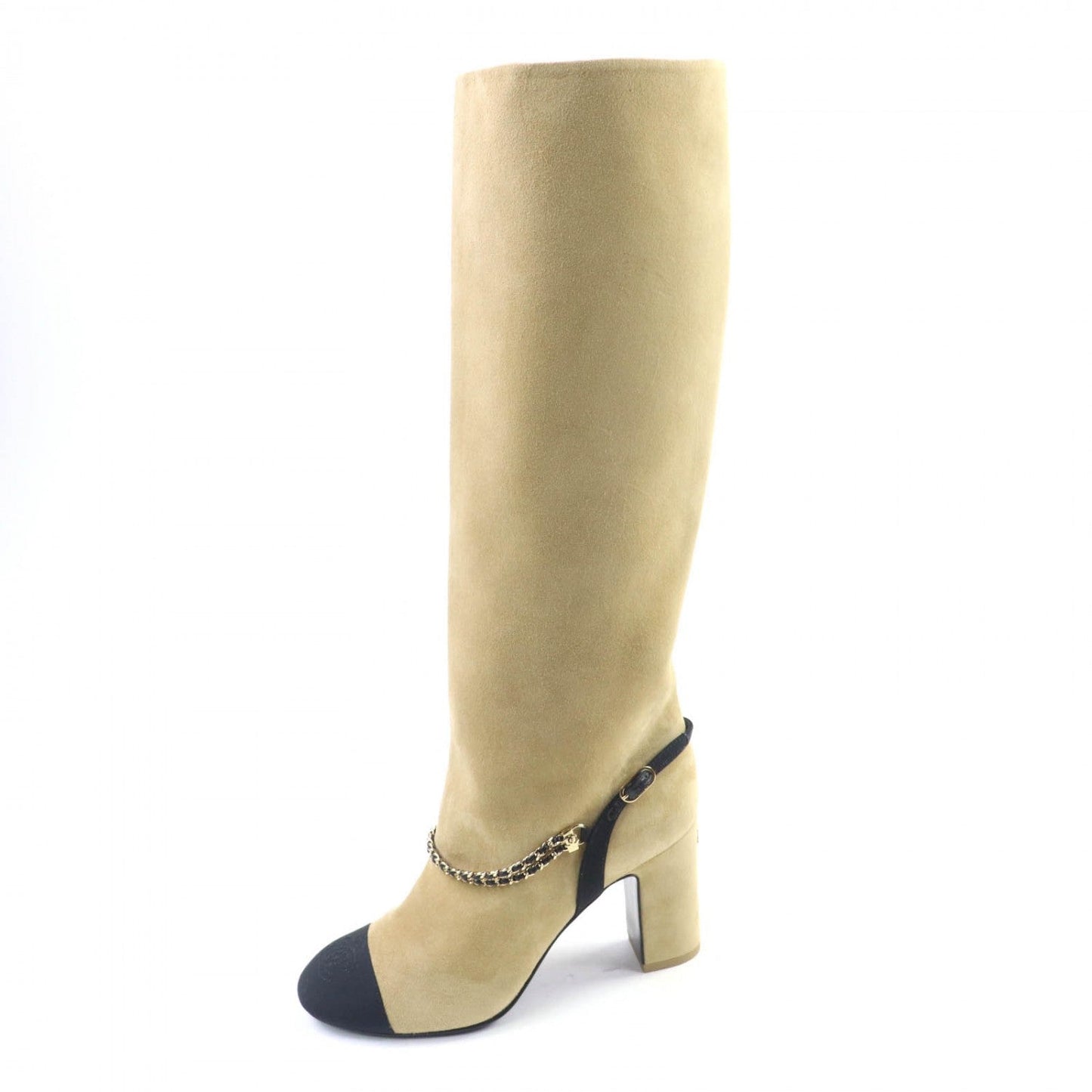 Chanel Knee-High Boots G45096 Suede Leather Beige Black 35.5
