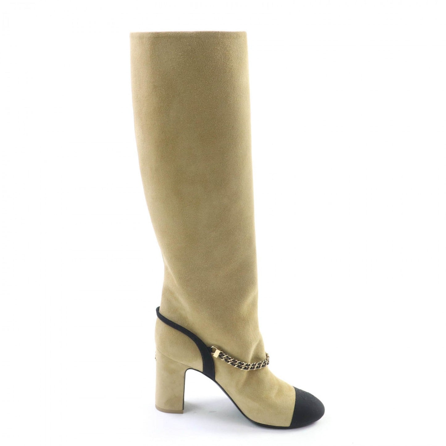 Chanel Knee-High Boots G45096 Suede Leather Beige Black 35.5