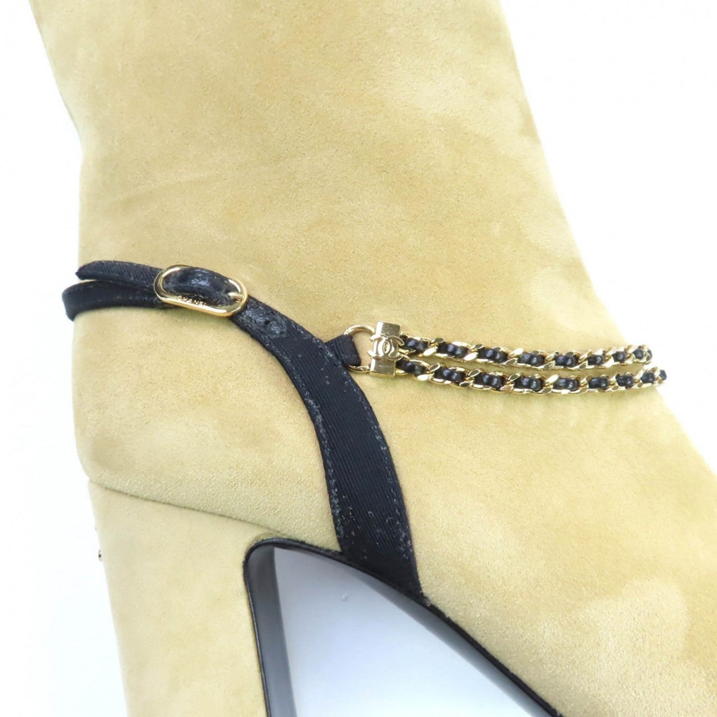 Chanel Knee-High Boots G45096 Suede Leather Beige Black 35.5