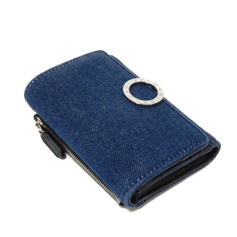 Bvlgari Tri-Fold Wallet 293460 Denim Blue Compact Wallet Rfid Ic Chip Logo Clip Trifold Wallet