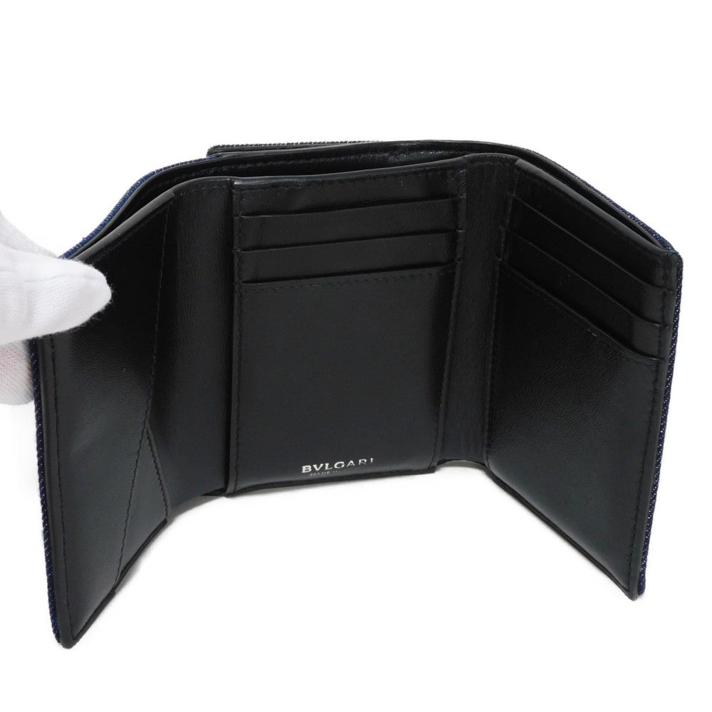 Bvlgari Tri-Fold Wallet 293460 Denim Blue Compact Wallet Rfid Ic Chip Logo Clip Trifold Wallet