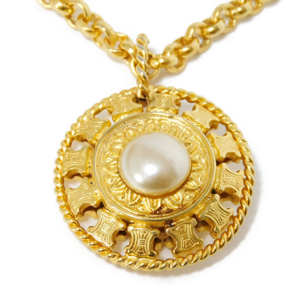 Celine Necklace Plating Gold Old Triomphe Ivory Chain Long 31.5" Vintage Brazon Macadam Round Pearl