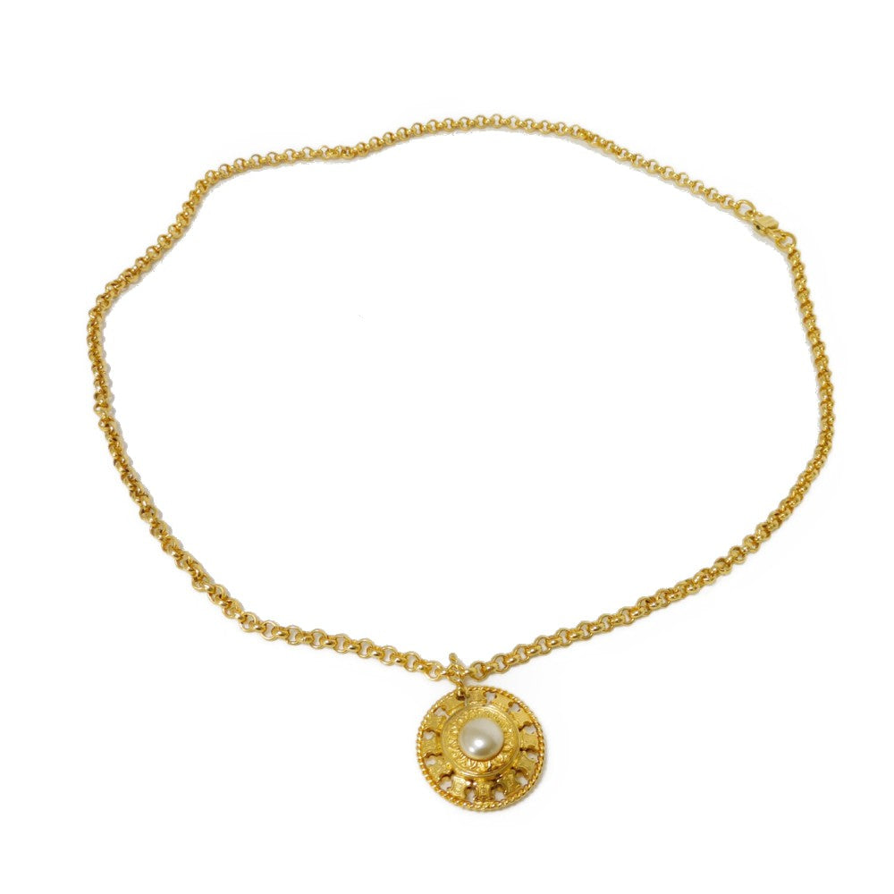 Celine Necklace Plating Gold Old Triomphe Ivory Chain Long 31.5" Vintage Brazon Macadam Round Pearl