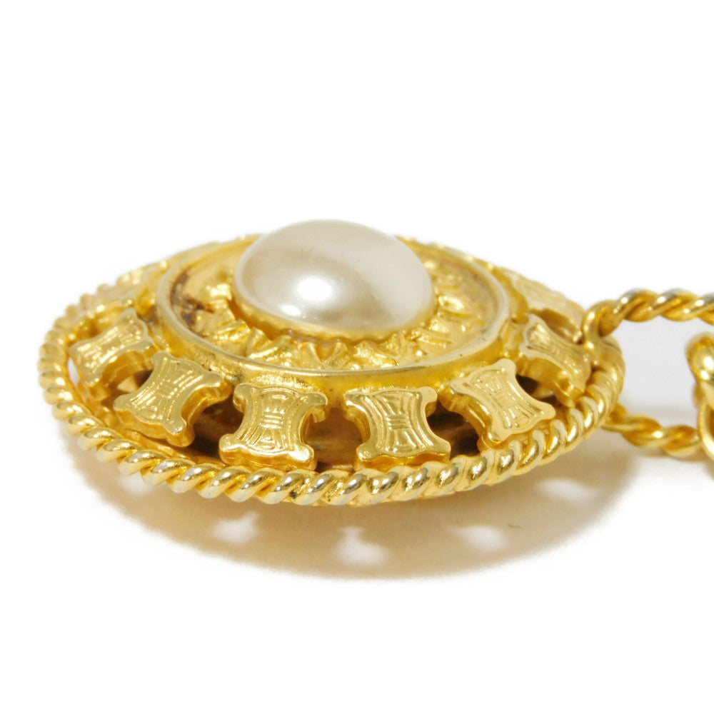 Celine Necklace Plating Gold Old Triomphe Ivory Chain Long 31.5" Vintage Brazon Macadam Round Pearl