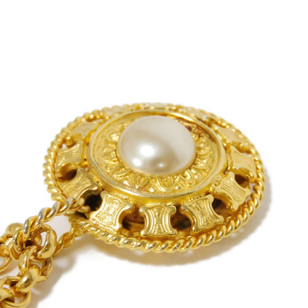 Celine Necklace Plating Gold Old Triomphe Ivory Chain Long 31.5" Vintage Brazon Macadam Round Pearl