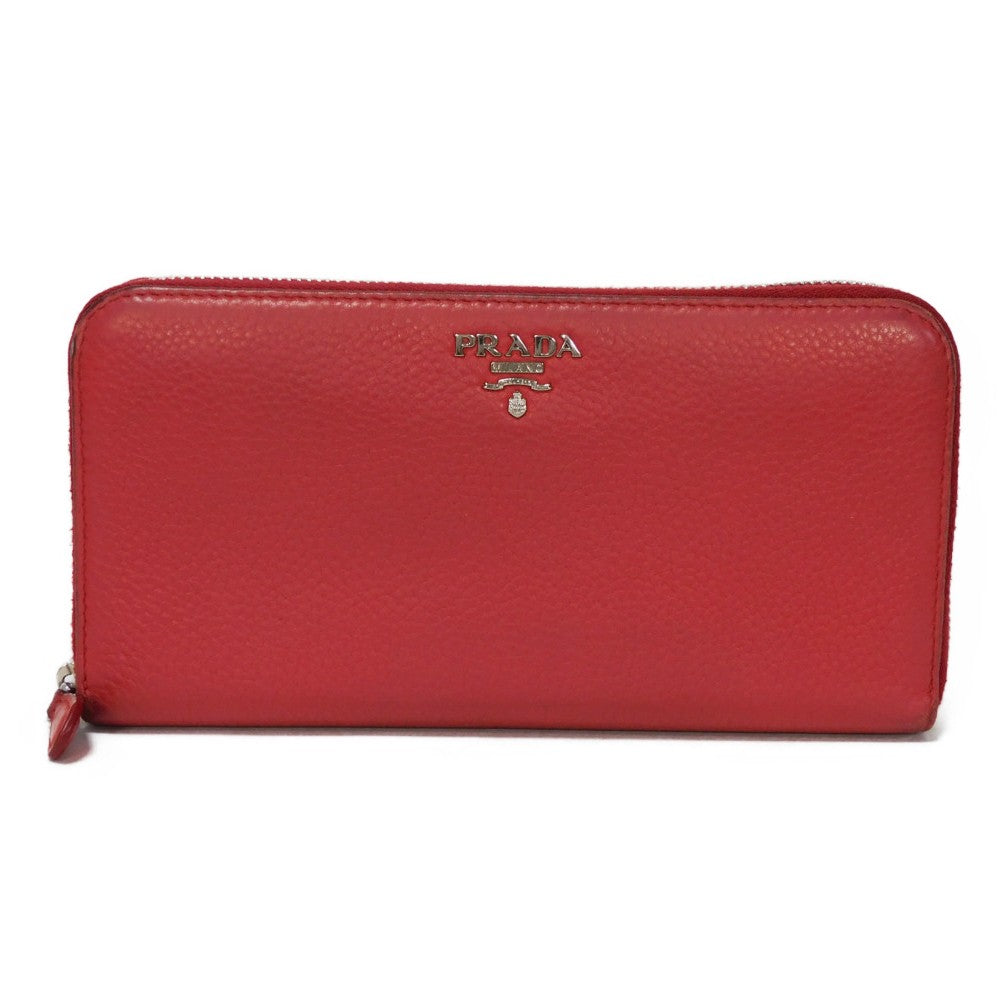 Prada Long Wallet Purse 1Ml506 2E8V F001 Calf Leather Rosso Red Zip Around Logo Metal Vitello